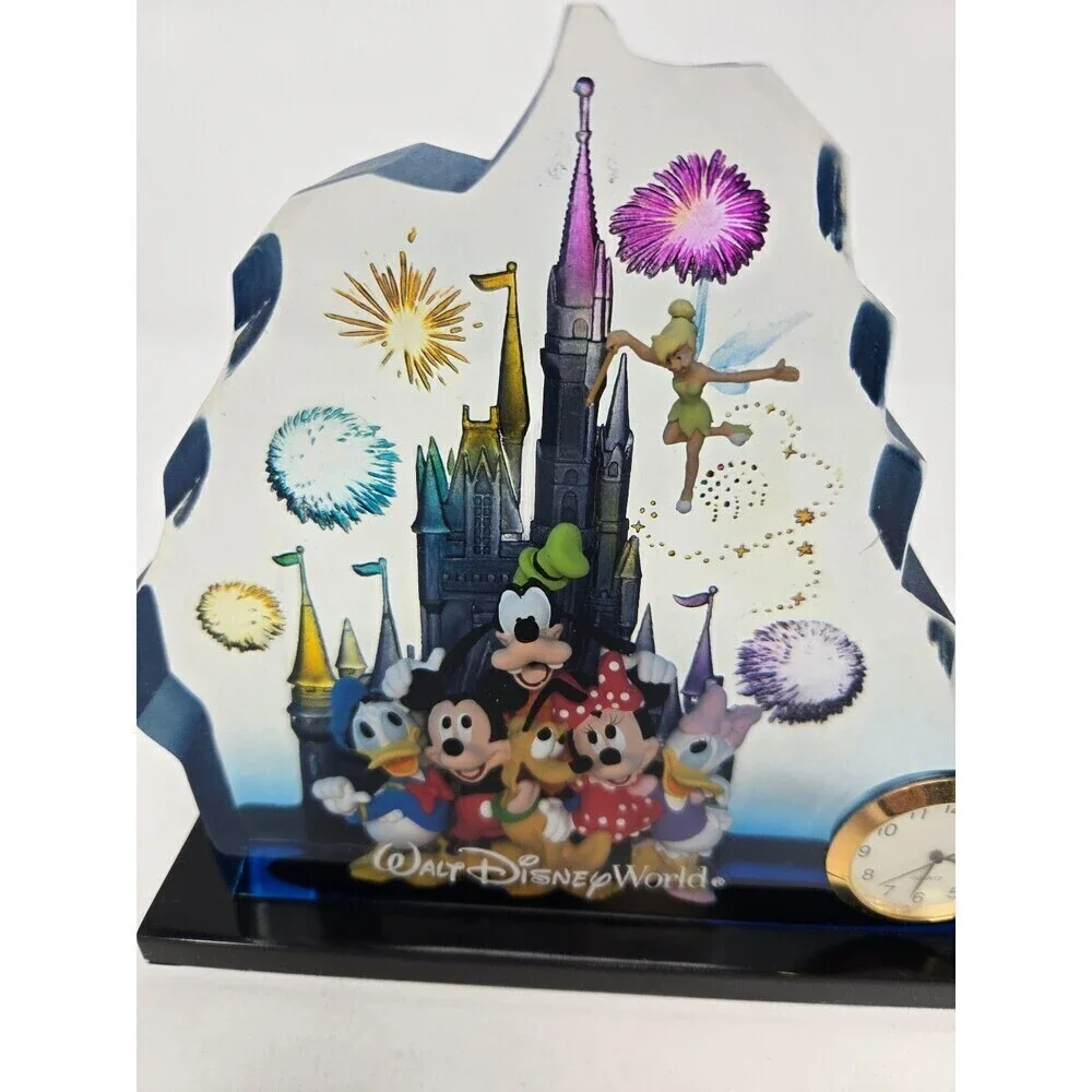 DISNEY PARKS WALT DISNEY WORLD ACRYLIC LUCITE STANDING CLOCK CASTLE FIREWORKS